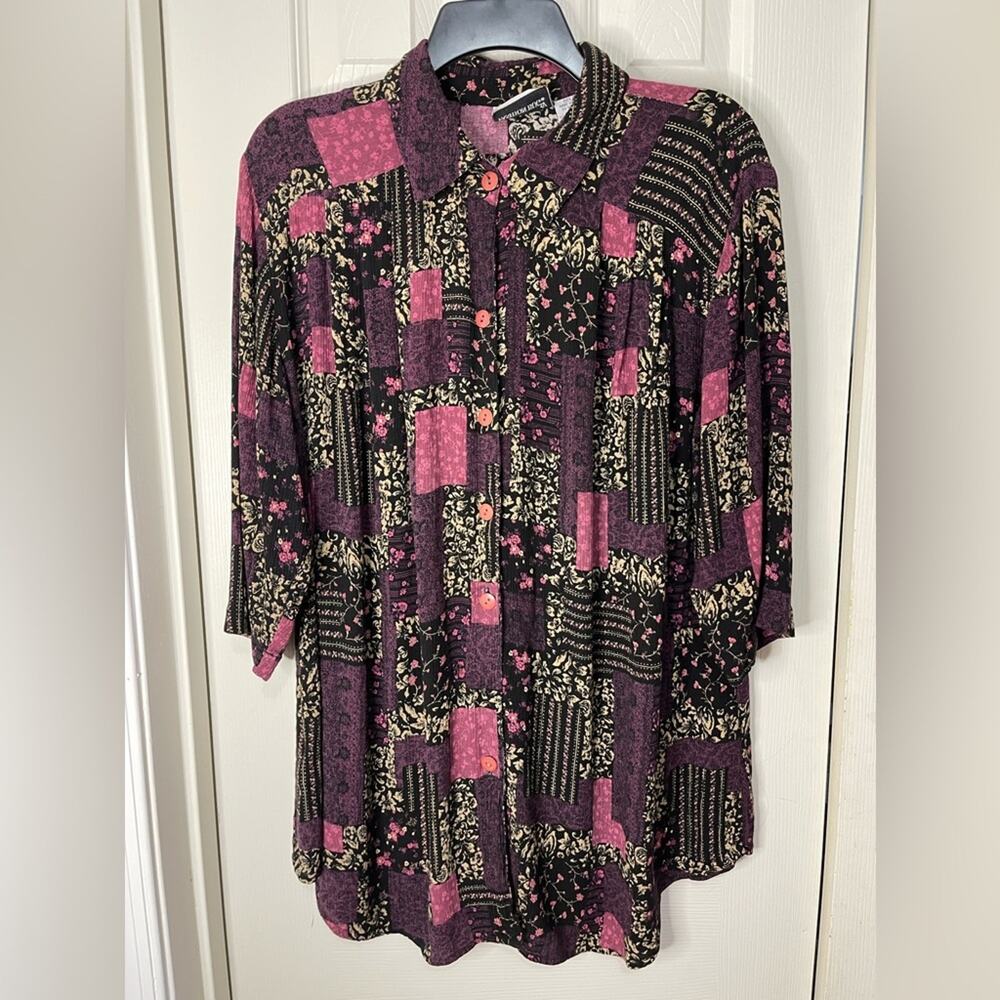 Purple Vintage Artsy Patchwork Button up 3/4 sleeve Top 18/20
